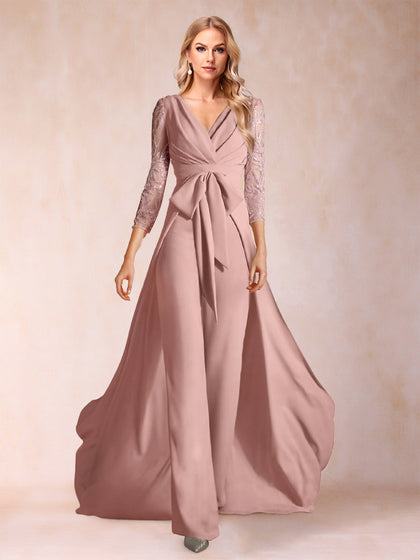 Tailleur-Pantalon en Mousseline de Soie, Col en V, Manches 3/4, Longueur au Sol, Froncé, Pour Mère de la Mariée avec Applications