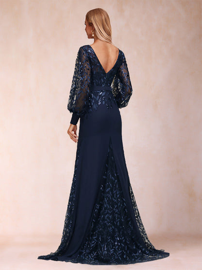 Robes de Mère de la Mariée Trompette/Sirène à Manches Longues Bouffantes et Décolleté Plongeant avec Appliques