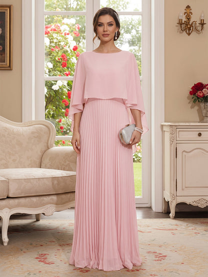Robe Mère de la Mariée Ligne A/Princesse Col Rond Manches Longues Longueur Sol Plissée