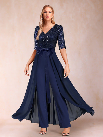 Tailleur-Pantalon à Paillettes, Col en V, Manches Mi-Longues, Longueur au Sol, Pour Mère de la Mariée avec Nœud