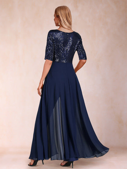 Tailleur-Pantalon à Paillettes, Col en V, Manches Mi-Longues, Longueur au Sol, Pour Mère de la Mariée avec Nœud