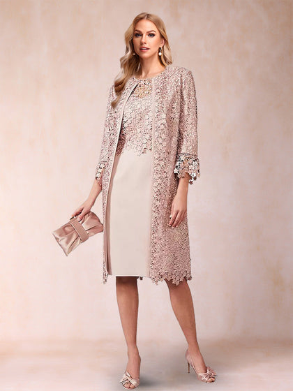 Robe Mère de la Mariée 2 Pièces en Dentelle, Col Rond, Manches 3/4, Longueur Genou avec Veste