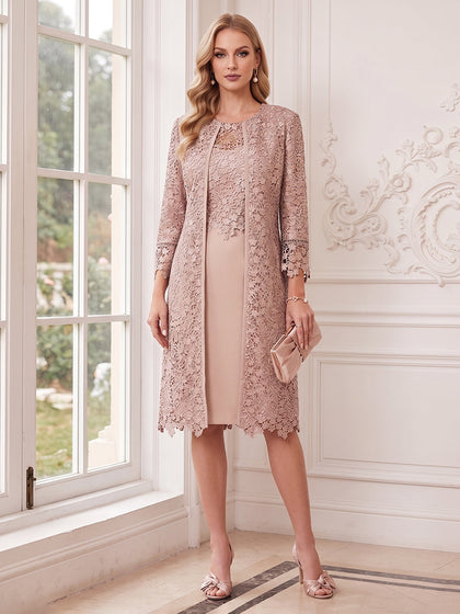 Gaine/Colonne Scoop 3/4 Manches Longueur Genou 2 Pièces Robes Mère de la Mariée avec Veste & Dentelle