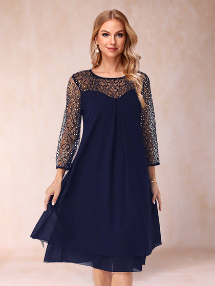 Robe de Mère de la Mariée Fourreau/Colonne à Manches Longues et Longueur Genou avec Strass