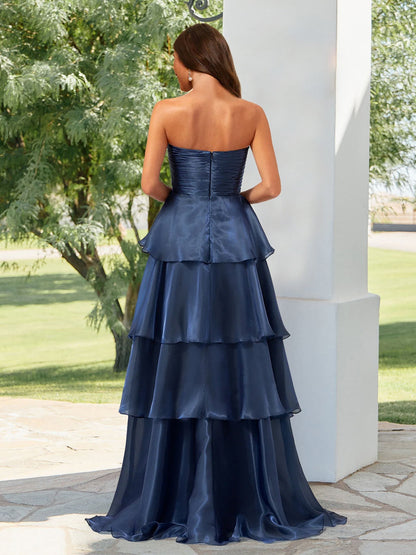 Robe de Bal Trapèze/Princesse Sans Bretelles à Volants et à Volants avec Fente Sur le Côté