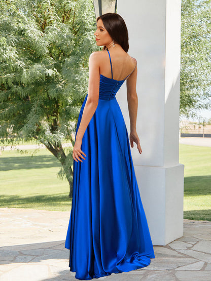 Robe de Demoiselled'Honneur Longue Plissée, Coupe Trapèze/Princesse, Col en V, Bretelles, Longueur au Sol