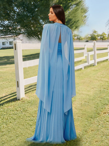 Robe de Demoiselled'Honneur Longue Plissée, Coupe A-Line/Princesse, Dos Nu avec Cape