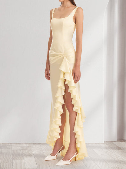 Robe de Demoiselled'Honneur Fourreau/Colonne à Col Carré et Volants Froncés avec Fente Latérale