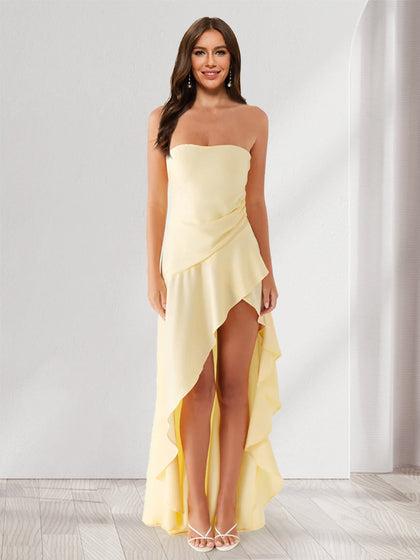 Robe de Demoiselled'Honneur Asymétrique Longue, Sans Bretelles, Fendue et à Volants