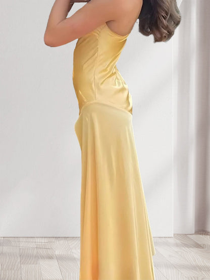 Robe de Demoiselled'Honneur Longue Plissée à Bretelles Spaghetti et Fente Latérale