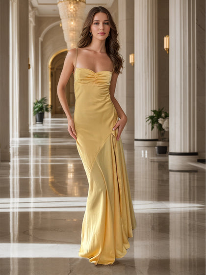 Robes Longues de Soirée Style Fourreau/Colonne avec Bretelles Spaghetti et Plis, Fente Sur le Côté