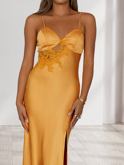 Robe de Demoiselled'Honneur Longue en Dentelle, Coupe Fourreau/Colonne, Bretelles Spaghetti, Fente Latérale