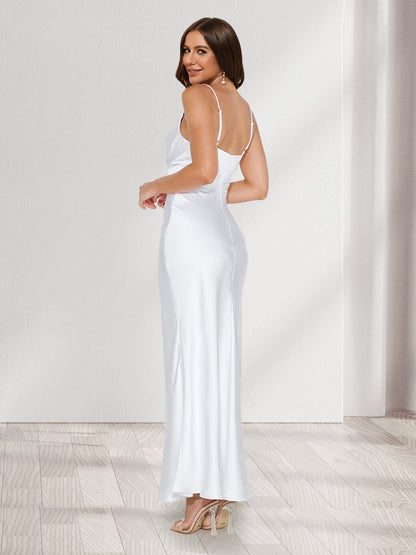 Robe de Demoiselled'Honneur Longue, Ajustée, Col en V, Fourreau/Colonne avec Dentelle