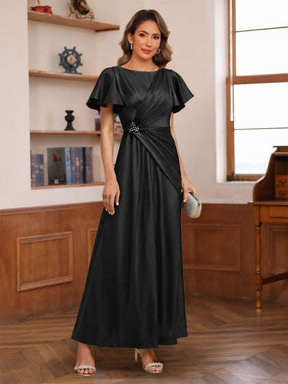 Robes de Mère de la Mariée à Volants, Coupe A-Line/Princesse, Manches Courtes, Décolleté Plongeant