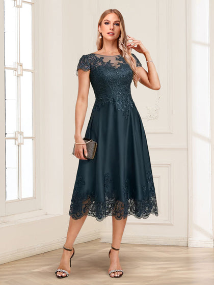 Robes de Mère de la Mariée Coupe A-Line/Princesse, Décolleté Illusion, Manches Courtes, Appliques