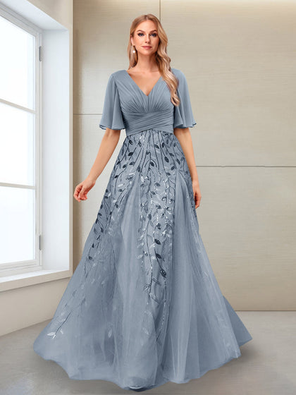 Robe Mère de la Mariée Coupe Trapèze, Col en V, Manches Mi-Longues, Fendue Sur le Côté avec Appliques