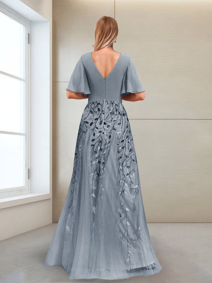 Robe Mère de la Mariée Coupe Trapèze, Col en V, Manches Mi-Longues, Fendue Sur le Côté avec Appliques