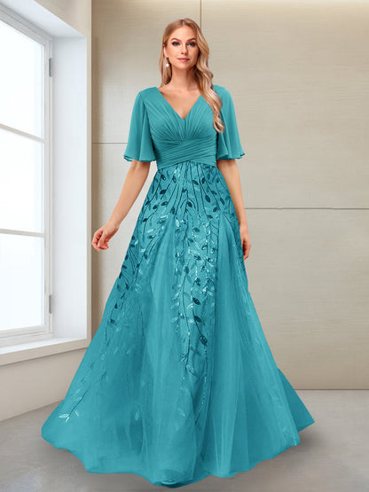 Robe Mère de la Mariée Coupe Trapèze, Col en V, Manches Mi-Longues, Fendue Sur le Côté avec Appliques