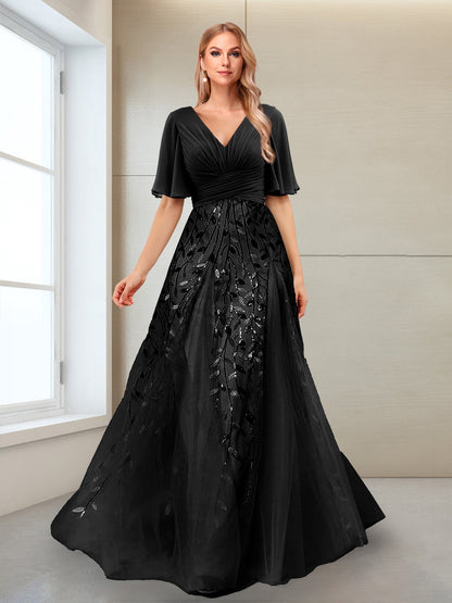 Robe Mère de la Mariée Coupe Trapèze, Col en V, Manches Mi-Longues, Fendue Sur le Côté avec Appliques