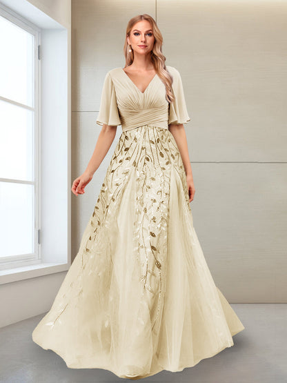 Robe Mère de la Mariée Coupe Trapèze, Col en V, Manches Mi-Longues, Fendue Sur le Côté avec Appliques