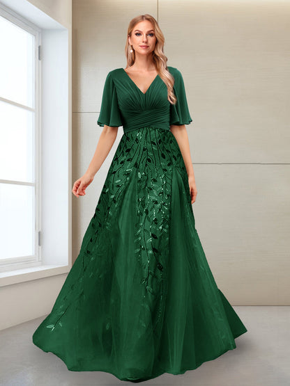 Robe Mère de la Mariée Coupe Trapèze, Col en V, Manches Mi-Longues, Fendue Sur le Côté avec Appliques