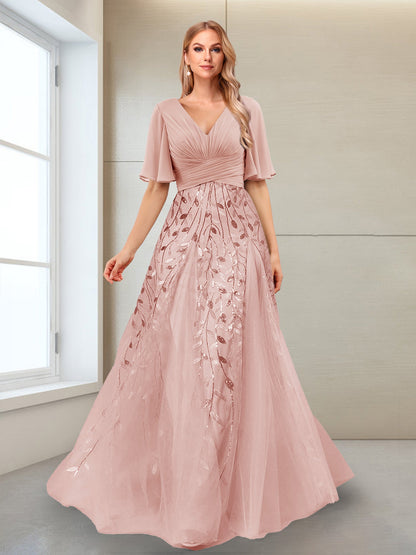 Robe Mère de la Mariée Coupe Trapèze, Col en V, Manches Mi-Longues, Fendue Sur le Côté avec Appliques