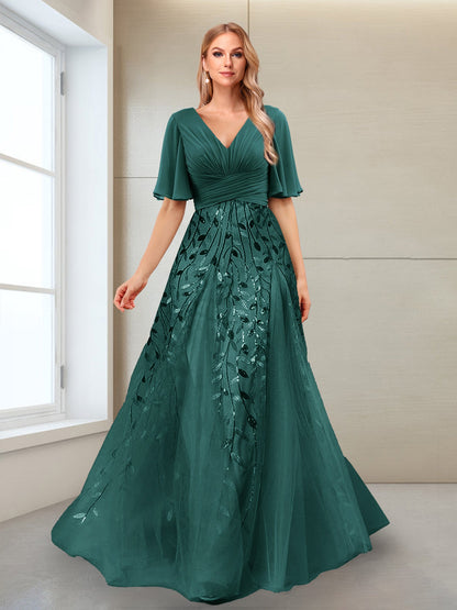 Robe Mère de la Mariée Coupe Trapèze, Col en V, Manches Mi-Longues, Fendue Sur le Côté avec Appliques