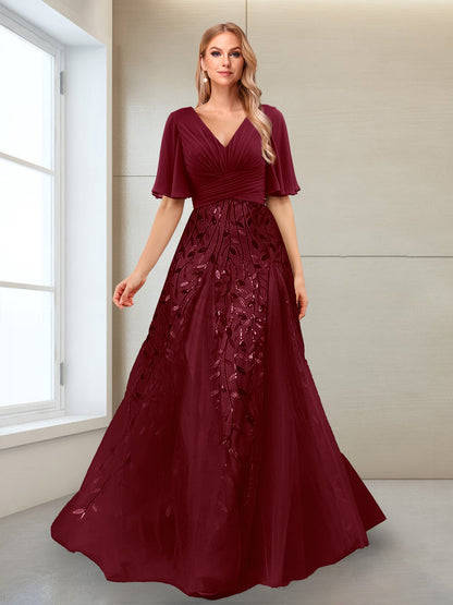 Robe Mère de la Mariée Coupe Trapèze, Col en V, Manches Mi-Longues, Fendue Sur le Côté avec Appliques