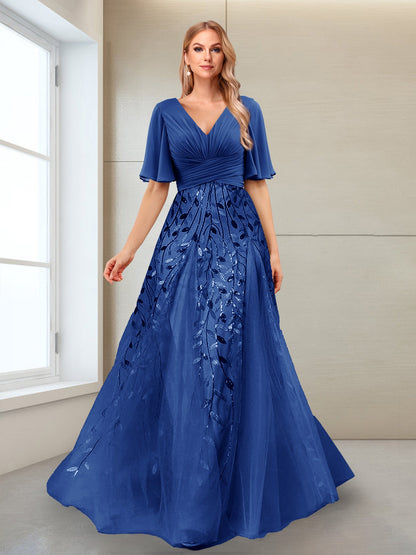 Robe Mère de la Mariée Coupe Trapèze, Col en V, Manches Mi-Longues, Fendue Sur le Côté avec Appliques