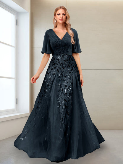 Robe Mère de la Mariée Coupe Trapèze, Col en V, Manches Mi-Longues, Fendue Sur le Côté avec Appliques