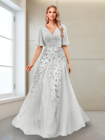 Robe Mère de la Mariée Coupe Trapèze, Col en V, Manches Mi-Longues, Fendue Sur le Côté avec Appliques
