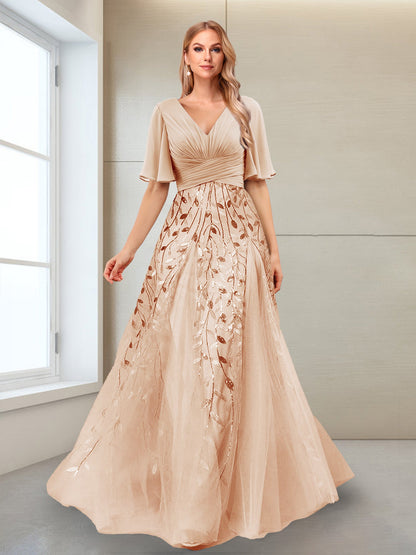 Robe Mère de la Mariée Coupe Trapèze, Col en V, Manches Mi-Longues, Fendue Sur le Côté avec Appliques