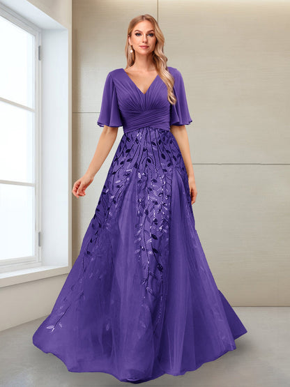 Robe Mère de la Mariée Coupe Trapèze, Col en V, Manches Mi-Longues, Fendue Sur le Côté avec Appliques
