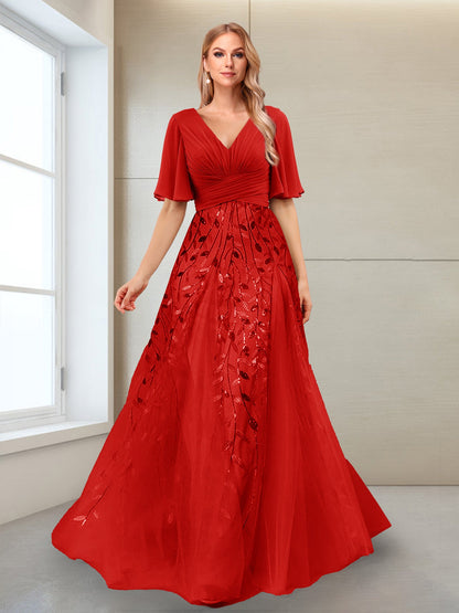 Robe Mère de la Mariée Coupe Trapèze, Col en V, Manches Mi-Longues, Fendue Sur le Côté avec Appliques