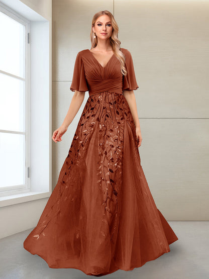 Robe Mère de la Mariée Coupe Trapèze, Col en V, Manches Mi-Longues, Fendue Sur le Côté avec Appliques