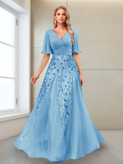 Robe Mère de la Mariée Coupe Trapèze, Col en V, Manches Mi-Longues, Fendue Sur le Côté avec Appliques