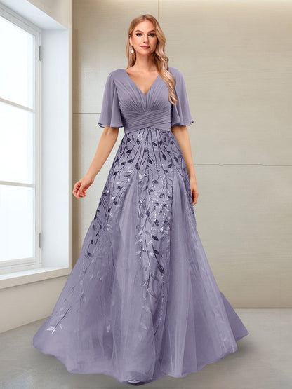 Robe Mère de la Mariée Coupe Trapèze, Col en V, Manches Mi-Longues, Fendue Sur le Côté avec Appliques
