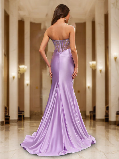 Robes de Soirée Longues Perlées à Corset sans Bretelles Style Trompette/Sirène pour Bal de Promo