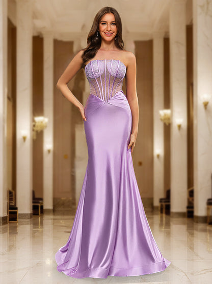 Robes de Soirée Longues Perlées à Corset sans Bretelles Style Trompette/Sirène pour Bal de Promo