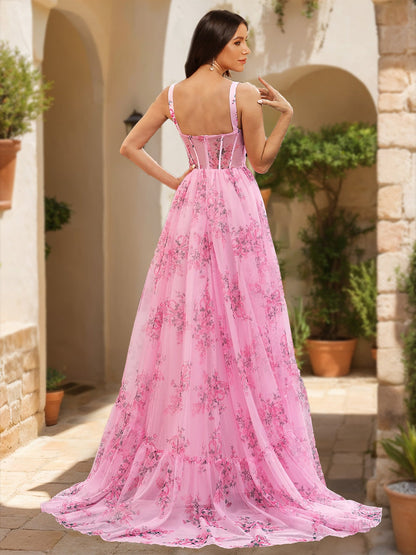 Robe de Bal Longue Princesse à Bretelles Imprimé Floral A-Ligne/Princesse