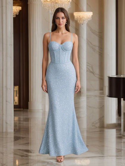Robe de Bal Longue à Bretelles Style Sirène et Corset à Sequins et Traîne
