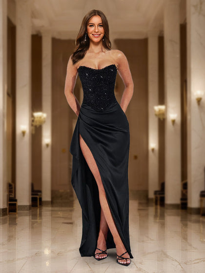 Robes de Soirée Longues à Bustier Sequiné sans Bretelles, Style Fourreau/Colonne avec Volants
