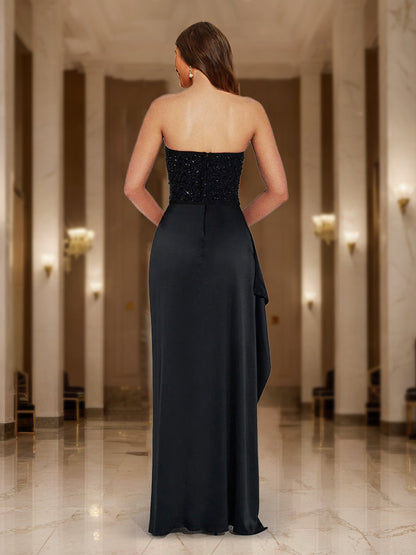 Robes de Soirée Longues à Bustier Sequiné sans Bretelles, Style Fourreau/Colonne avec Volants