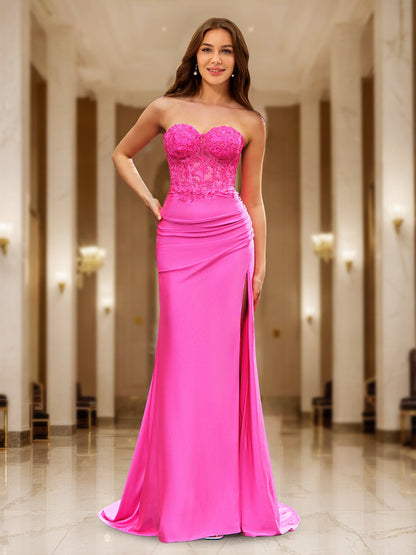 Robes de Soirée Ajustées Corset Transparent Col Cœur Sirène/Trompette Longues pour Bal de Promo avec Appliqués