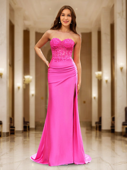 Robes de Soirée Ajustées Corset Transparent Col Cœur Sirène/Trompette Longues pour Bal de Promo avec Appliqués