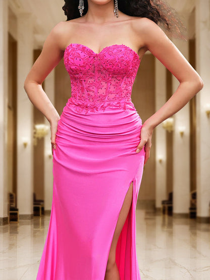 Robes de Soirée Ajustées Corset Transparent Col Cœur Sirène/Trompette Longues pour Bal de Promo avec Appliqués