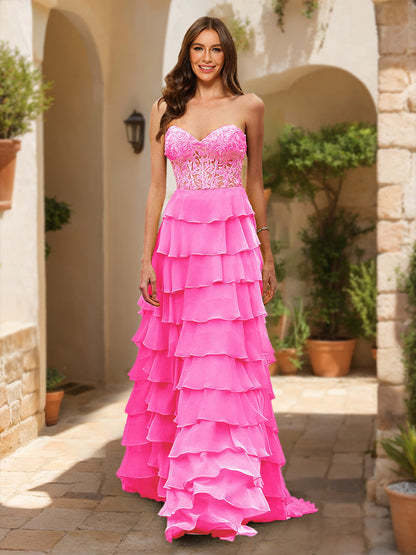 Robes de Bal A-Ligne/Princesse Décolleté Cœur Corset Transparent Appliqués Volants