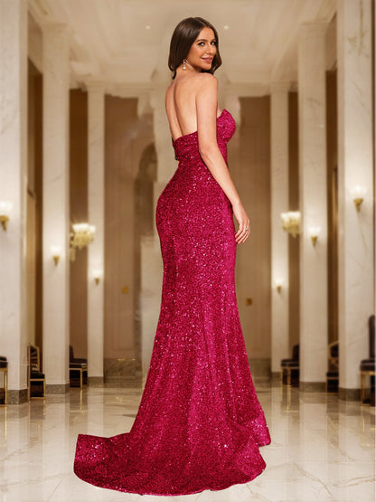 Robes de Soirée Longues de Bal de Promo Ajustées en Sequins, Col Cœur, Style Trompette/Sirène
