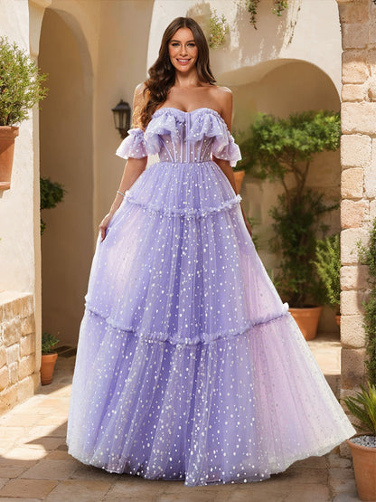 Robes de Bal en Tulle à Pois, Style A-Line/Princesse, Décolleté Dégagé, Corset Transparent et Volants