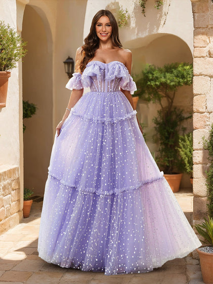 Robes de Bal en Tulle à Pois, Style A-Line/Princesse, Décolleté Dégagé, Corset Transparent et Volants